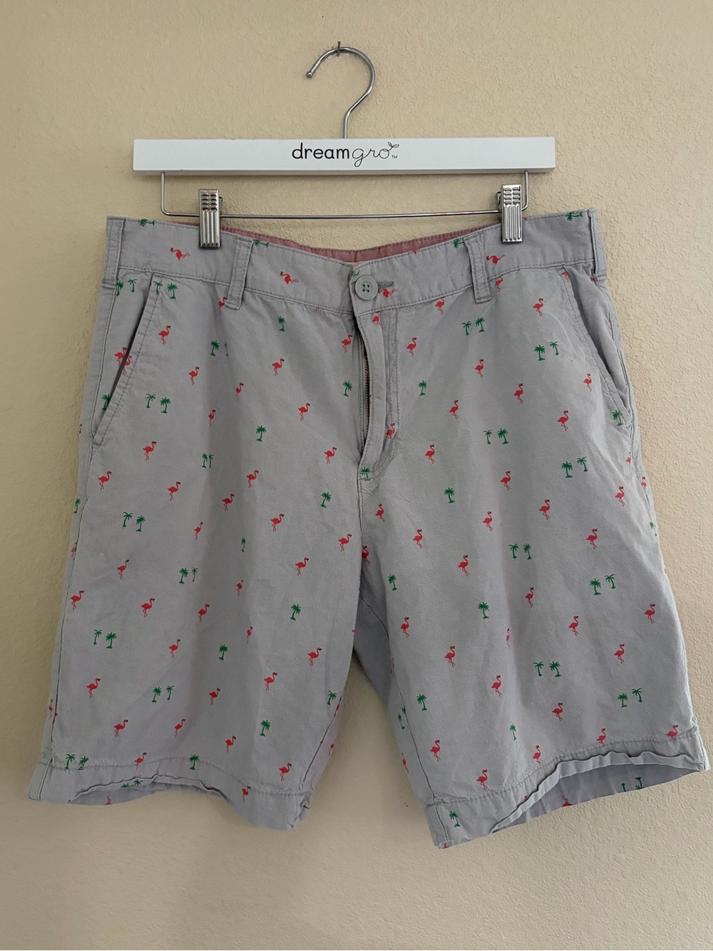 Retrofit Gray Shorts with Red Flamingo & Green Palm Print